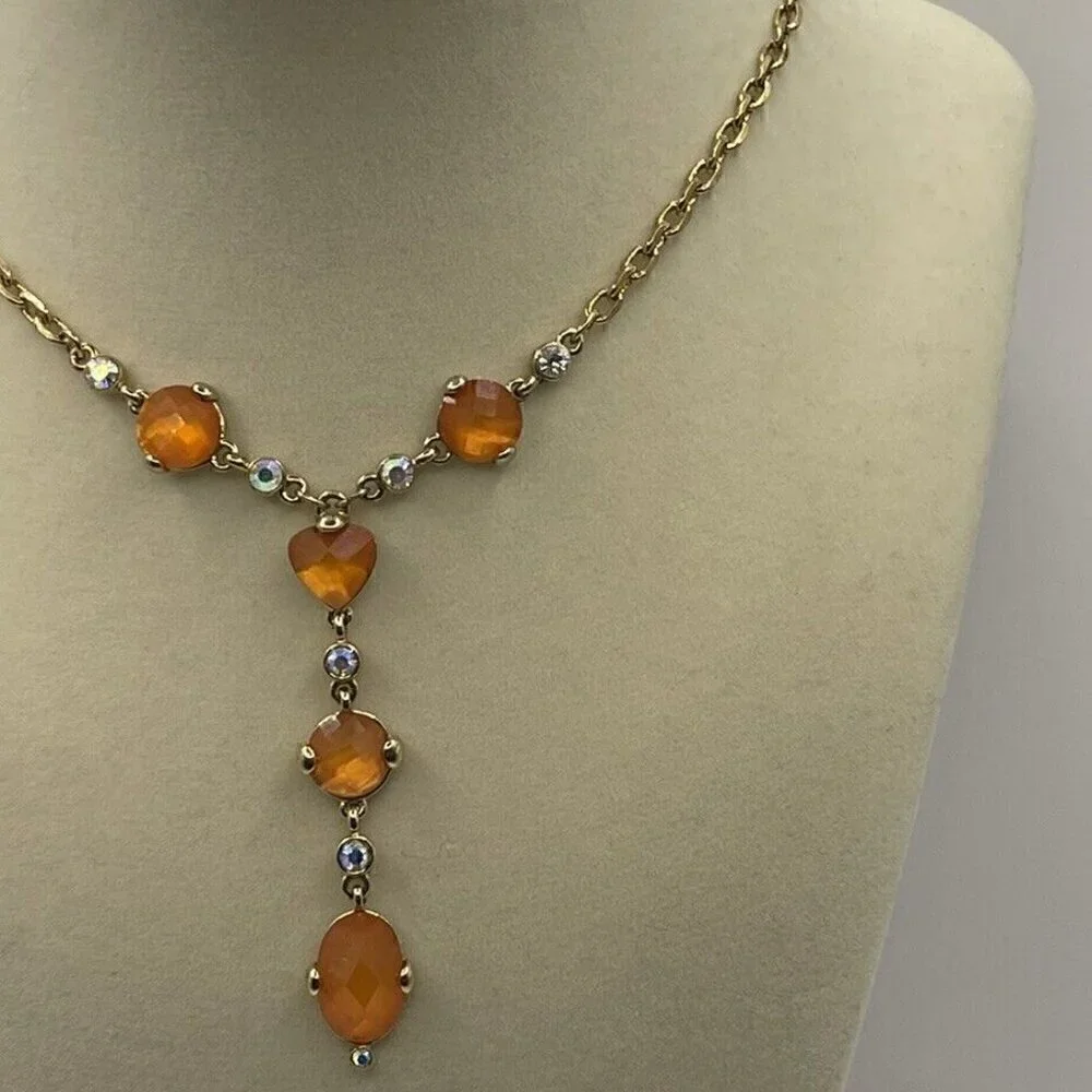 Anne Klein Vintage Elegant Orange Heart White Stones Gold Tone Necklace …